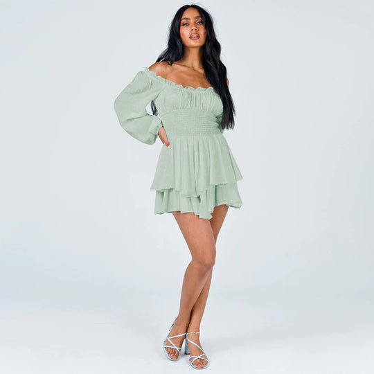 Damen Voluminöses Off-Shoulder Kleid mit voluminösen Ärmeln EB