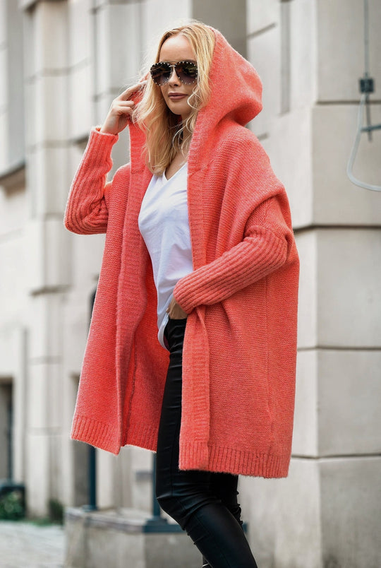 Damen lässiger Strickcardigan mit Kapuze und weiten Ärmeln EB