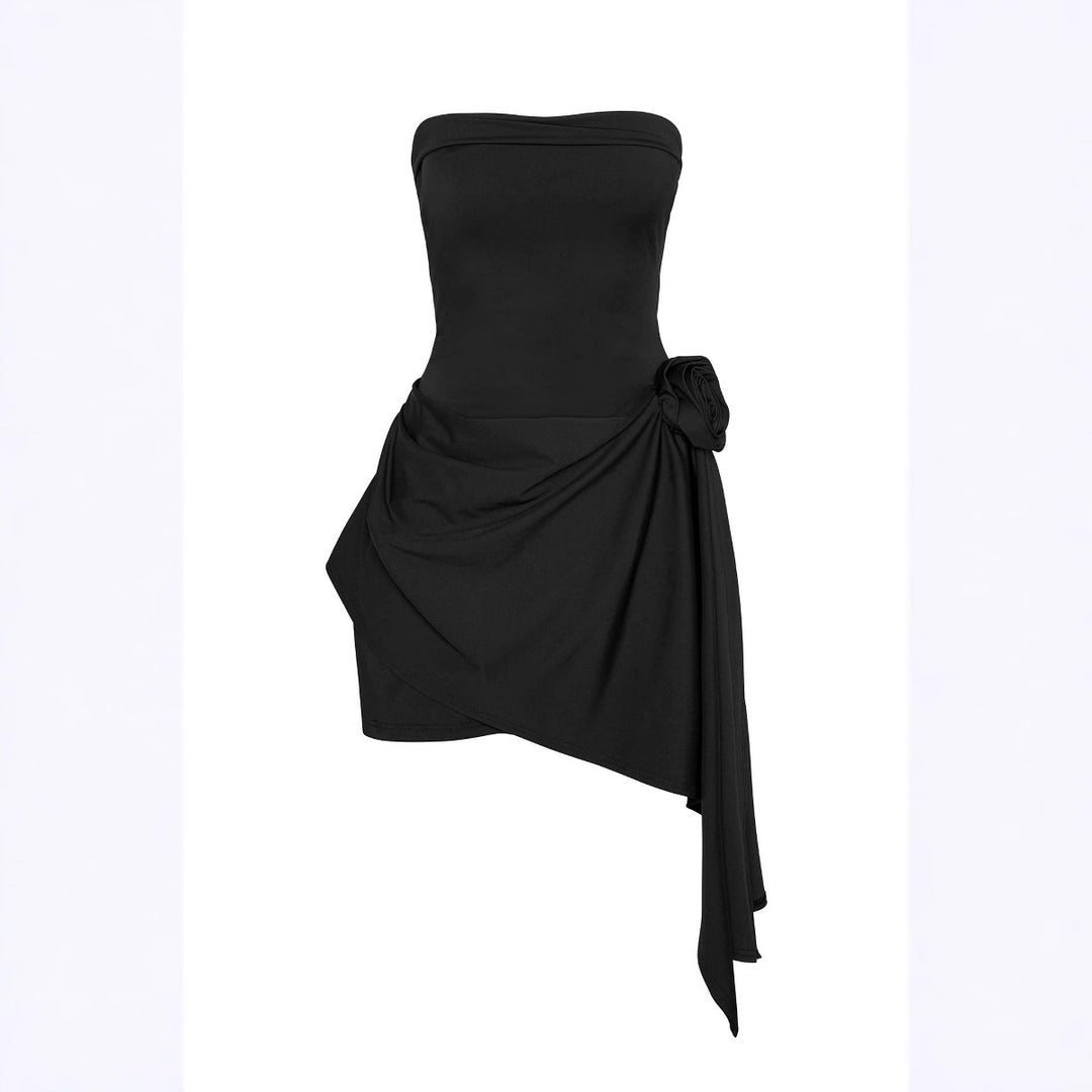 Damen elegantes schulterfreies Wickelkleid mit asymmetrischem Saum und floralem Detail EB
