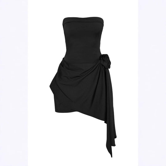 Damen elegantes schulterfreies Wickelkleid mit asymmetrischem Saum und floralem Detail EB