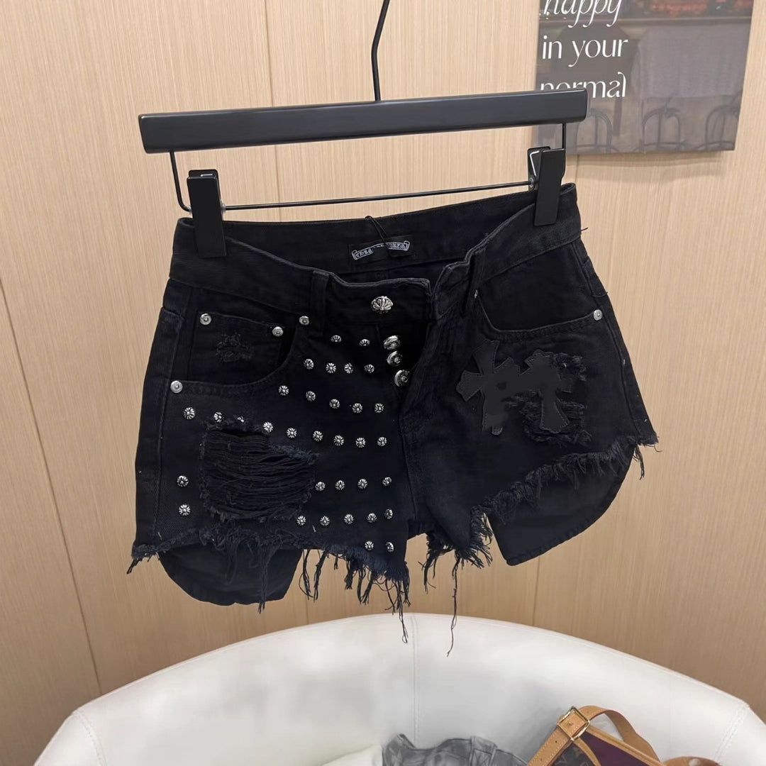 Damen Modische Destroyed Denim-Shorts mit Nieten EB