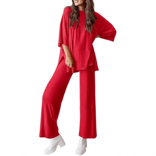 Damen Lässiges Lounge-Set aus weichem Jersey mit Oversize-Tunika und weiter Palazzo-Hose EB