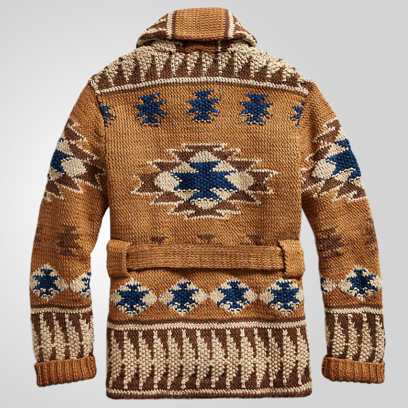 Damen Strickjacke mit beeindruckendem geometrischem Muster und integriertem Gürtel EB