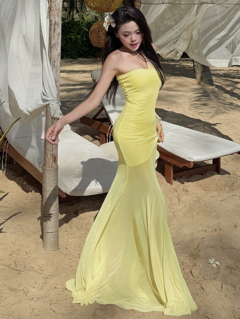 Damen Strapless Maxikleid mit fließendem Rock EB