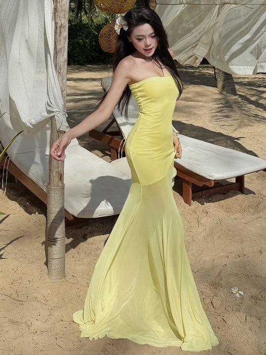 Damen Strapless Maxikleid mit fließendem Rock EB