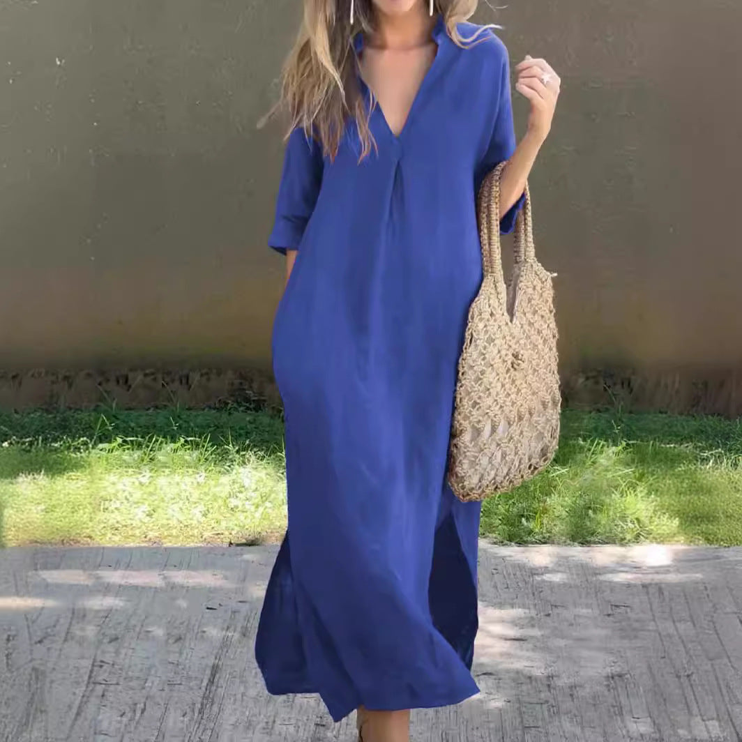 Damen Maxi-Kleid mit eleganter V-Ausschnitt und praktischen Taschen EB