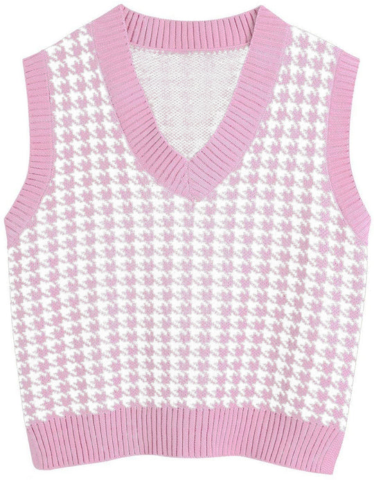Damen ärmellose Strickweste mit modernem Hahnentrittmuster EB