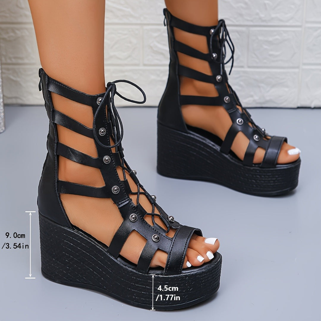 Damen Plateau Sandalen mit Schnürung EB