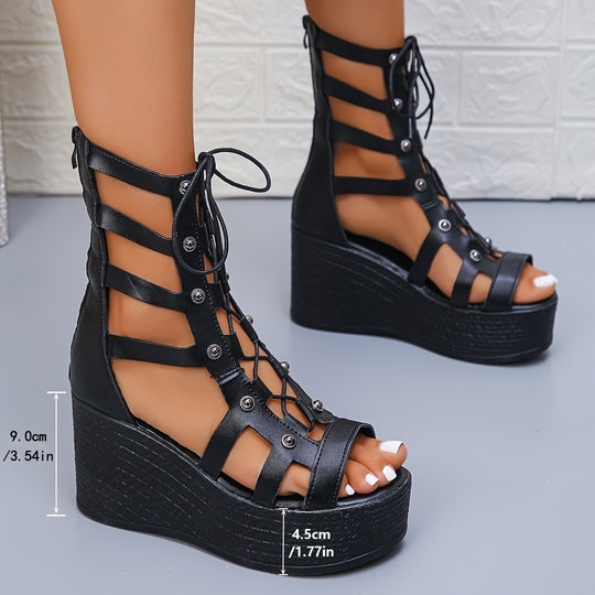Damen Plateau Sandalen mit Schnürung EB
