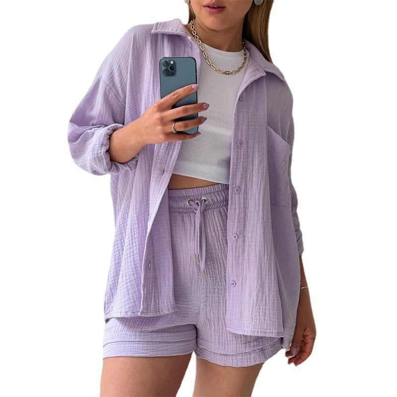 Damen nan lässiges oversized Hemd und Shorts Set mit Brusttasche Kordelbund und gerauter Baumwollstruktur EB
