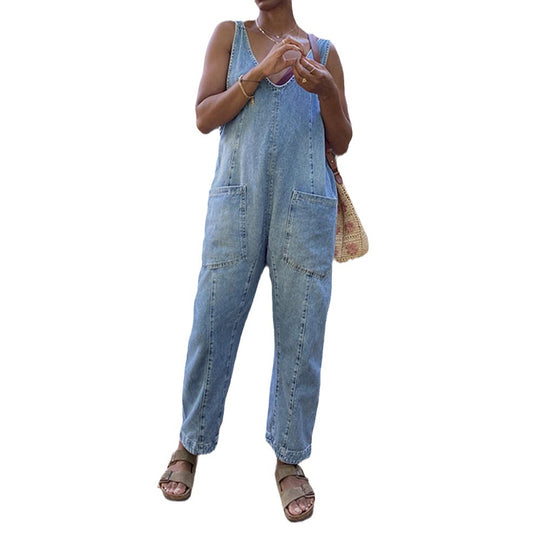 Damen lässiger Jumpsuit mit tiefem Ausschnitt und praktischen Taschen EB