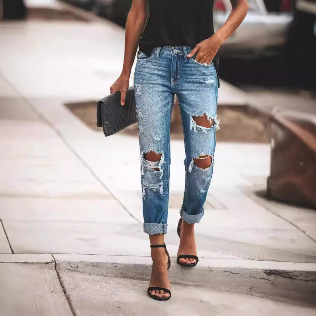Damen Destroyed Boyfriend Jeans im lässigen Stil mit hohen Rissdetails EB