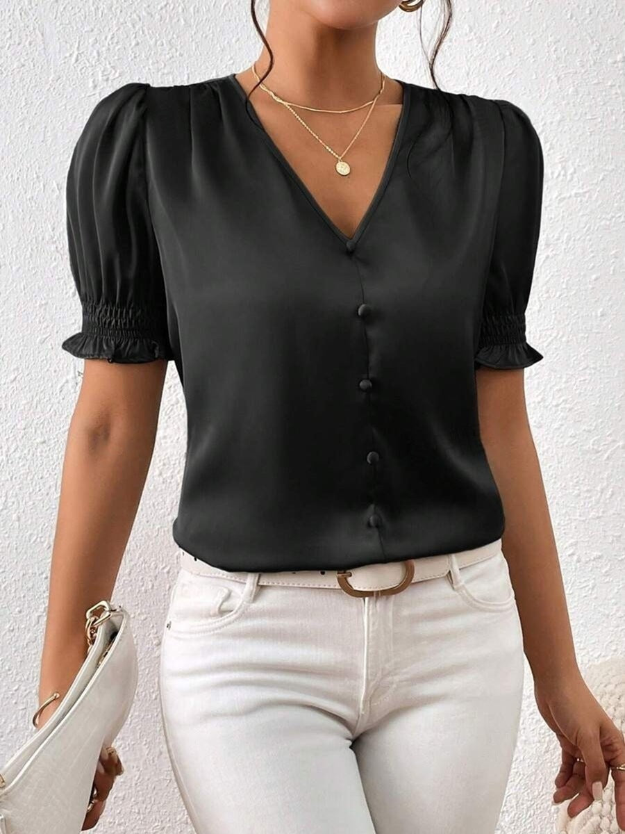 Damen Satinbluse mit Puffärmeln und eleganter Knopfleiste EB