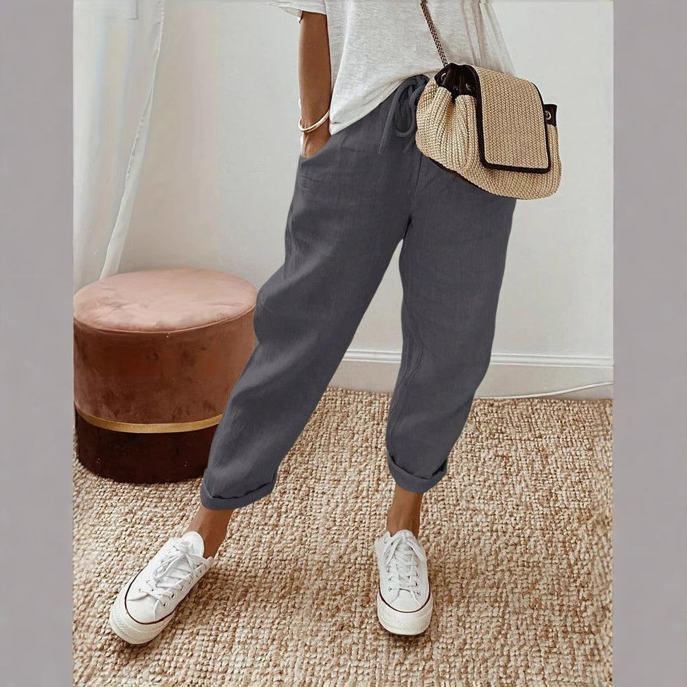 Damen Lässige Leinen-Hose mit elastischem Bund und praktischen Taschen EB