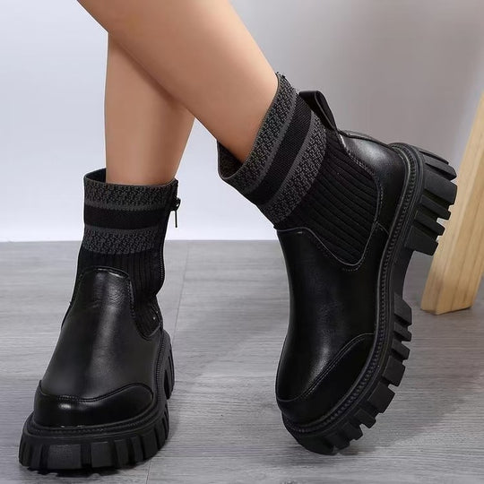 Damen Biker-Stiefel mit elastischem Strickansatz und robustem Profil EB