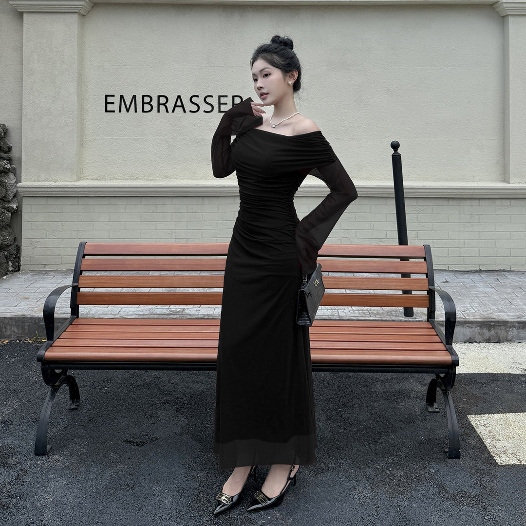 Damen Off-Shoulder Abendkleid mit gerafftem Design und langen Ärmeln EB