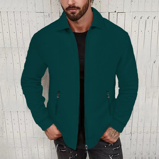 Herren nan minimalistische Stehkragen-Feinstrick-Übergangsjacke mit Zwei-Wege-Reißverschluss und verdeckten Reißverschlusstaschen EB