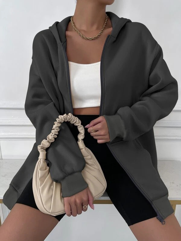 Damen nan oversized Zip-Hoodie mit verlängertem Saum weichem Fleece-Innenfutter und Kängurutaschen EB