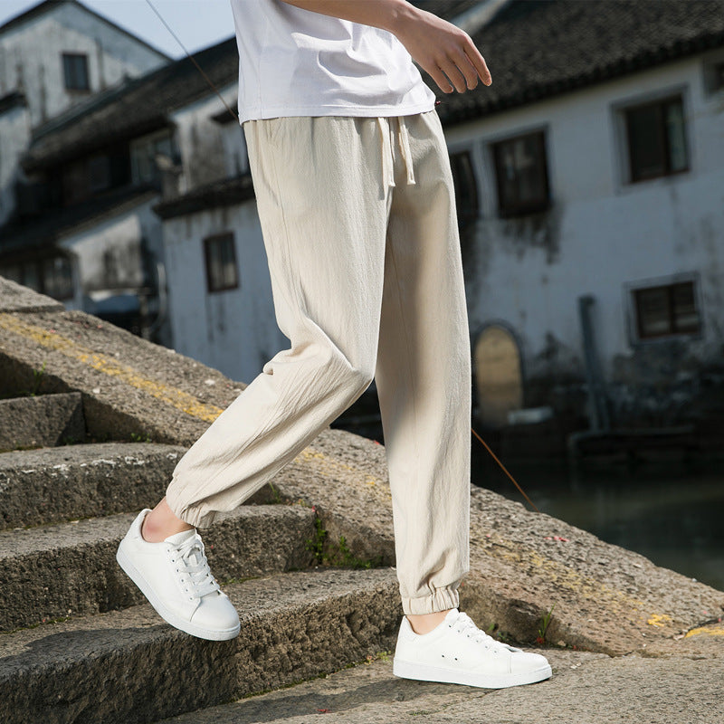 Herren nan tapered Leinen-Baumwoll-Jogger mit Kordelzug, elastischem Knöchelbündchen und schlanker Silhouette EB