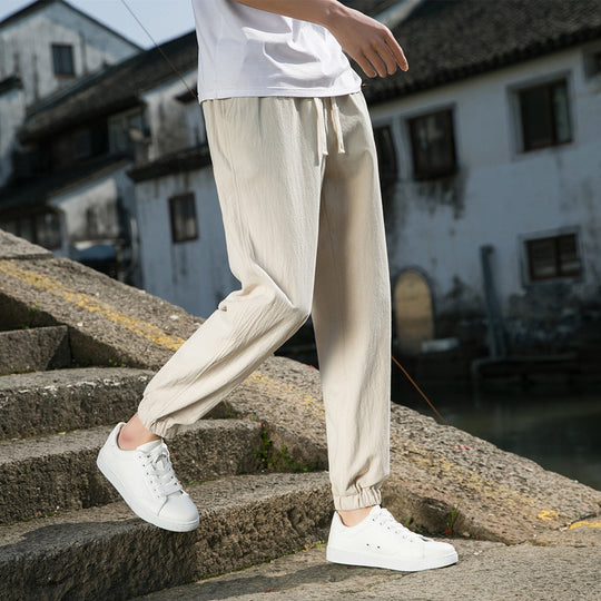 Herren nan tapered Leinen-Baumwoll-Jogger mit Kordelzug, elastischem Knöchelbündchen und schlanker Silhouette EB