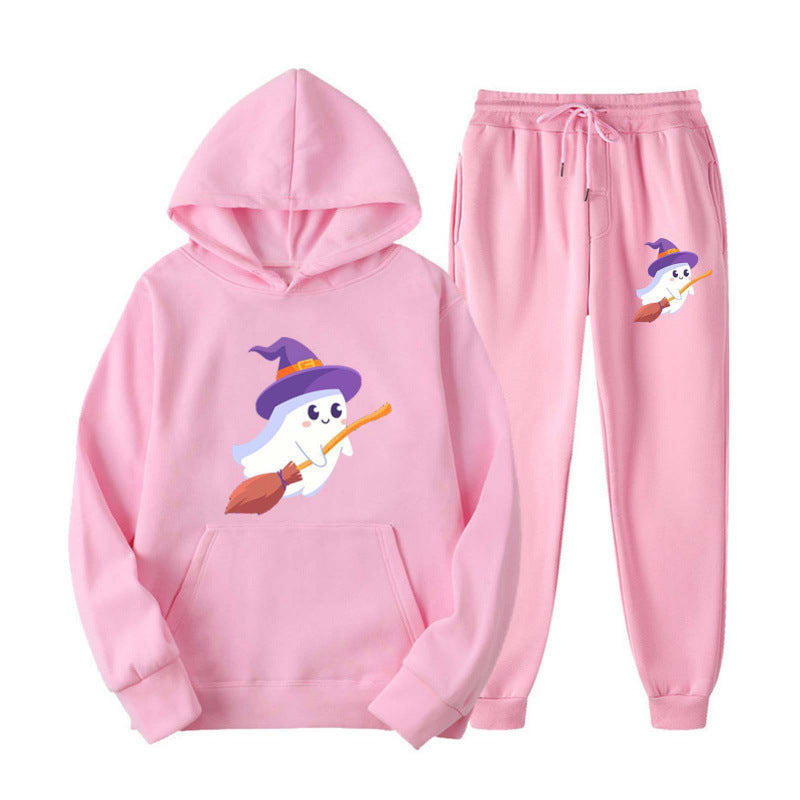 Unisex nan kuscheliger Kapuzenpullover und Jogginghose Set mit Halloween-Geistprint EB