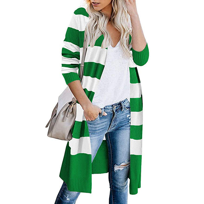 Damen Langer Strickcardigan mit gestreiftem Design EB