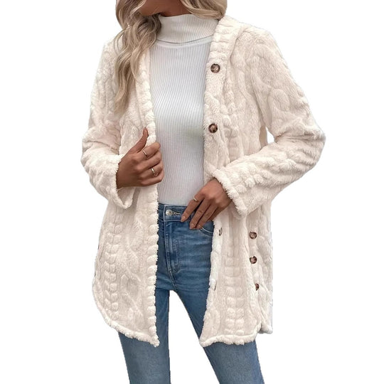 Damen Plüschjacke mit Kapuze und Knopfverschluss EB