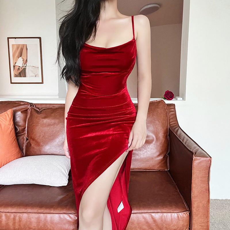 Damen elegantes Wickelkleid mit hohem Schlitz und schmalen Trägern EB