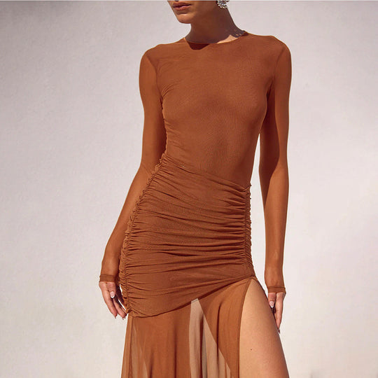 Damen Maxikleid mit eleganten Rüschendetails und seitlichem Schlitz EB
