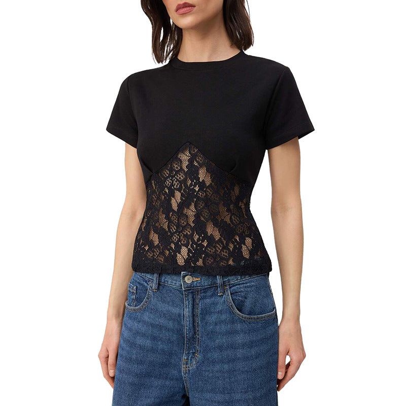 Damen Elegantes Oberteil aus Spitze und Jersey EB