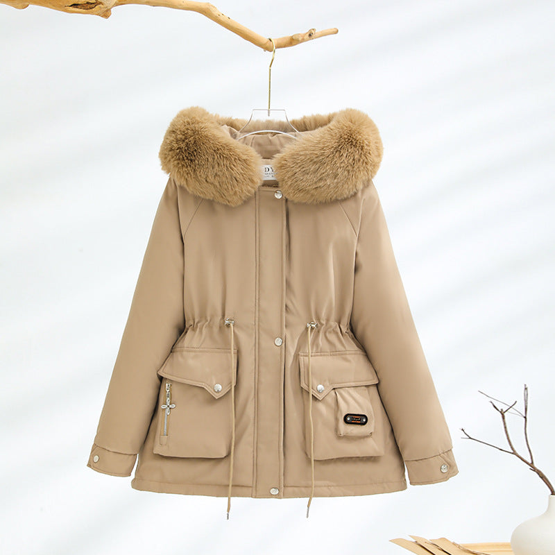 Damen nan kurzer Thermo-Parka mit voluminösem Schalkragen in Webpelzoptik und taillierendem Tunnelzug EB