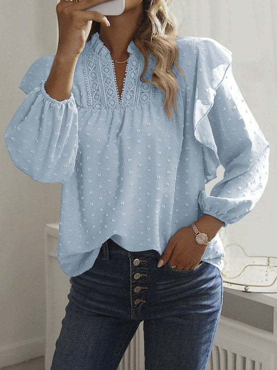 Damen Viskose-Bluse mit Spitzenstickerei und Volantärmeln EB