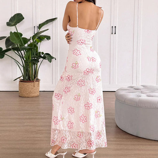 Damen Maxikleid mit floralem Spitzenmuster und verstellbaren Trägern EB