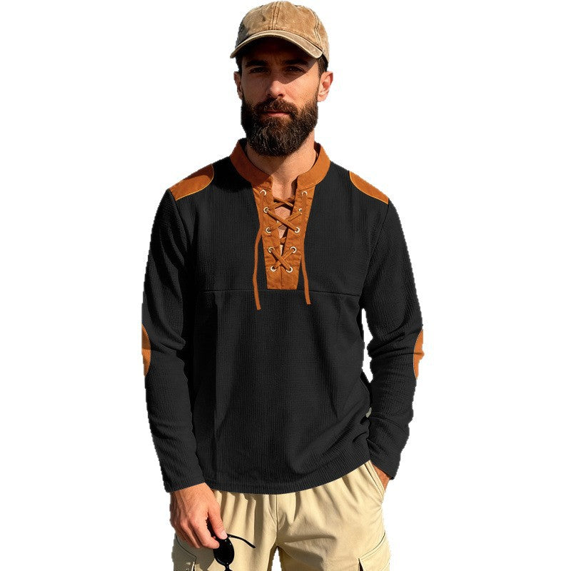 Herren Waffelstrick-Langarmshirt mit Schnürung und Kunstvelours-Ellbogenpatches EB