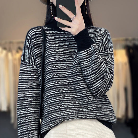 Damen Strickpullover mit modernem Streifenmuster und bequemen Daumenlöchern EB