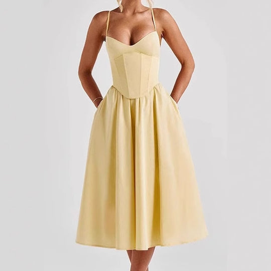Damen Elegantes Midikleid mit eingearbeitetem Bustier und voluminösem Rock EB