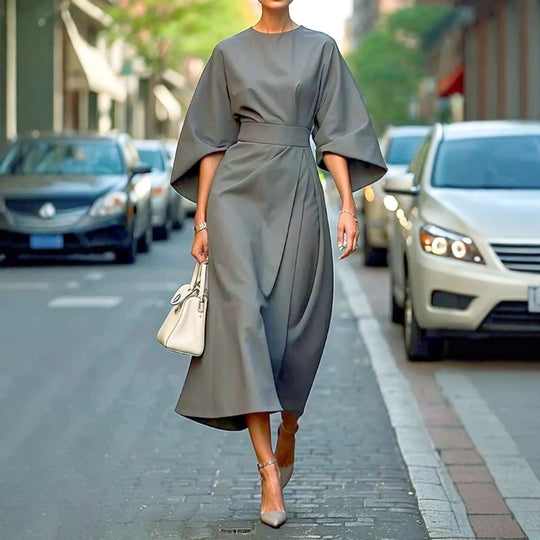 Damen Maxikleid mit eleganten Ballonärmeln und Taillengürtel EB