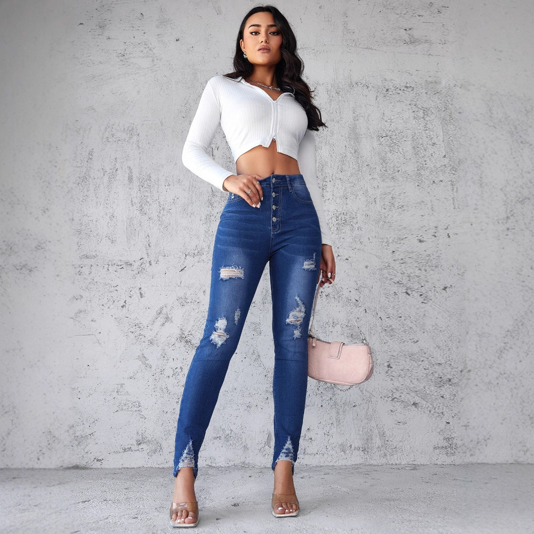 Damen Jeans im modernen Skinny Fit mit knöpfen und modischen Rissdetails EB