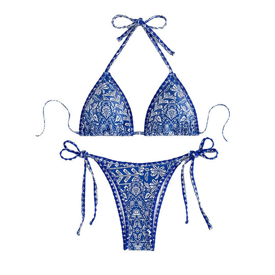 Damen Triangel-Bikini mit verspieltem floralem Muster und verstellbaren Bindebändern EB
