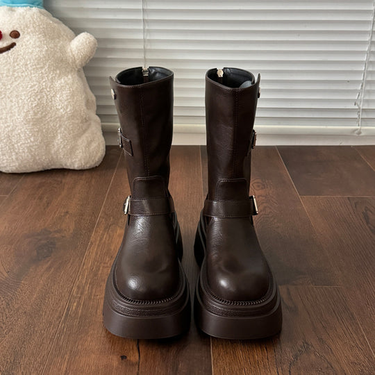 Damen modische kniehohe Stiefel mit verstellbarem Riemendesign und robustem Profil EB