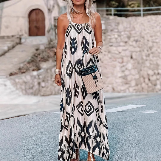 Damen maxi Kleid mit zeitgemäßem Tribal-Muster und schwingendem Saum EB