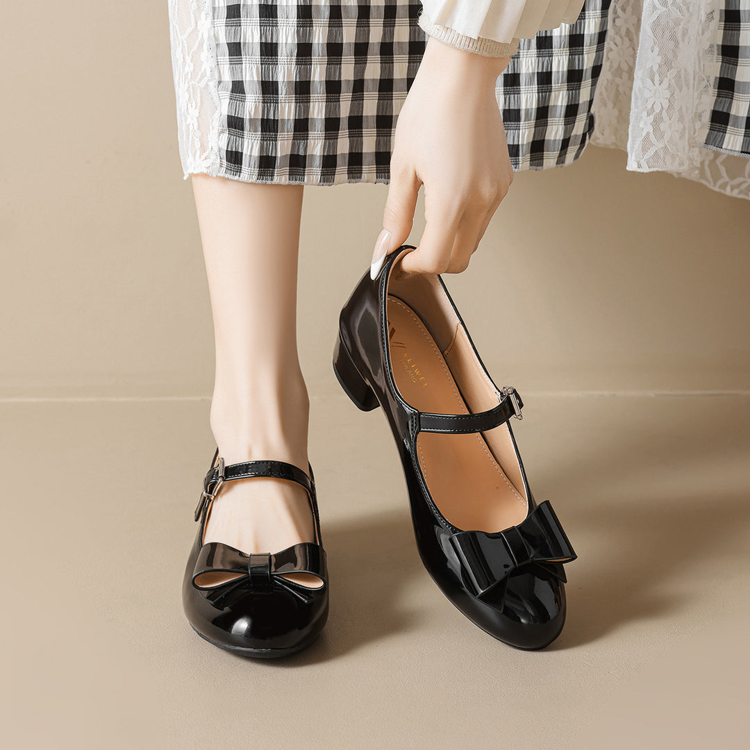 Damen Mary-Jane Ballerinas mit modischer Schleifenapplikation und komfortablem Absatz EB