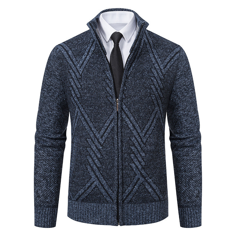Herren elegante Strickjacke mit strukturiertem Zopfmuster und hochschließendem Kragen EB