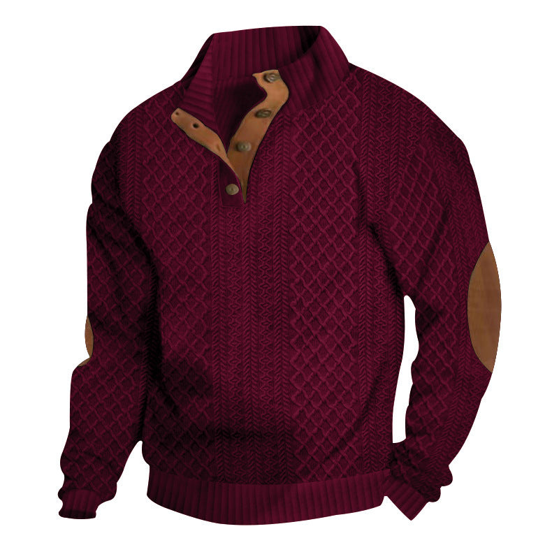 Herren nan grober Strickpullover mit Stehkragen Lederbesatz und Ellenbogenaufnähern EB
