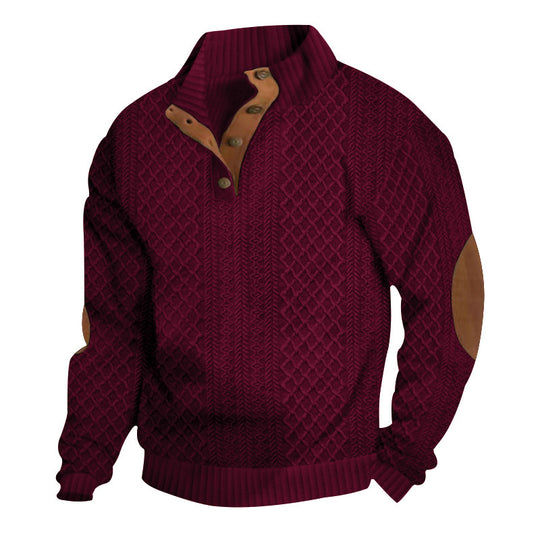 Herren nan grober Strickpullover mit Stehkragen Lederbesatz und Ellenbogenaufnähern EB