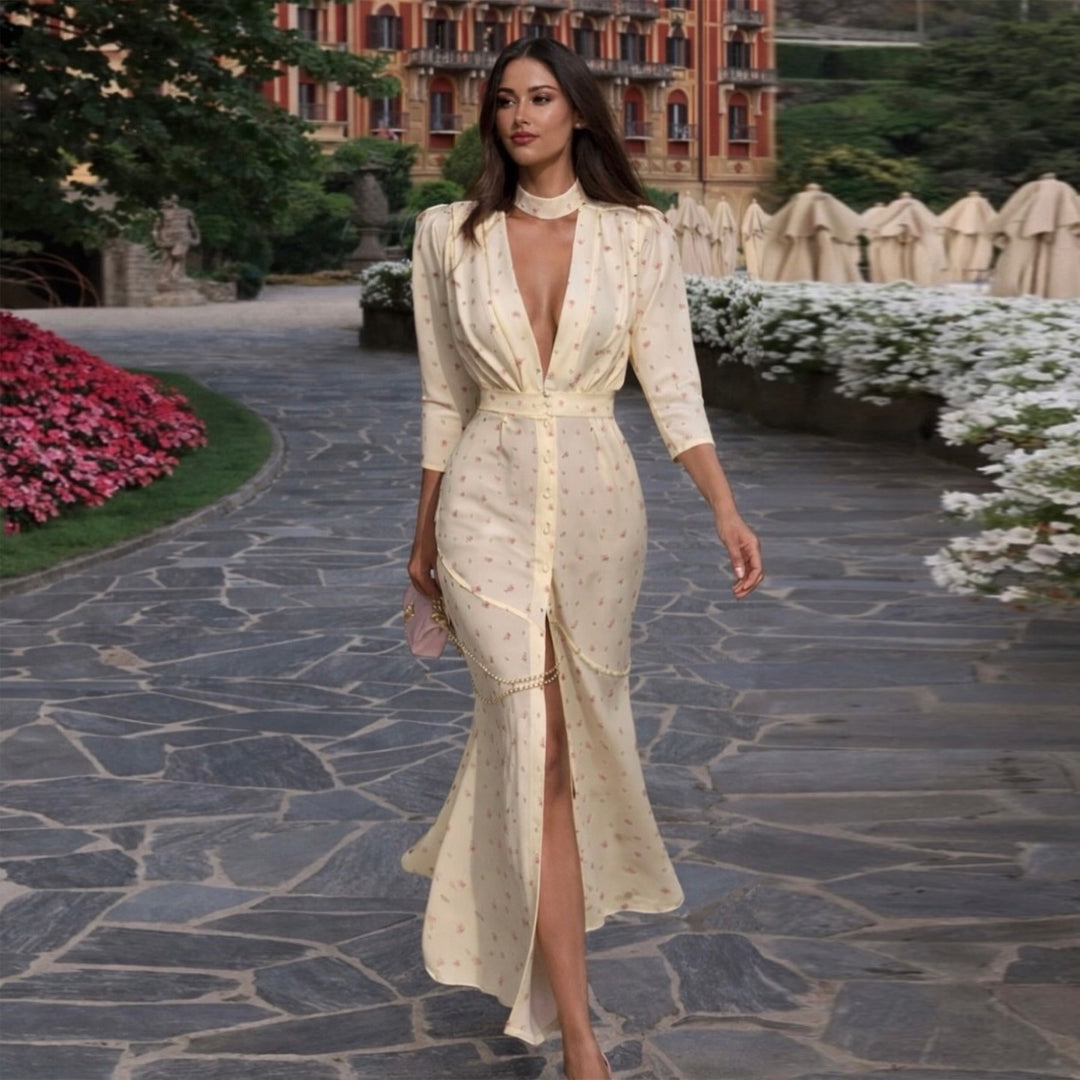 Damen Maxikleid mit elegantem V-Ausschnitt und trendigem Knopfdesign EB