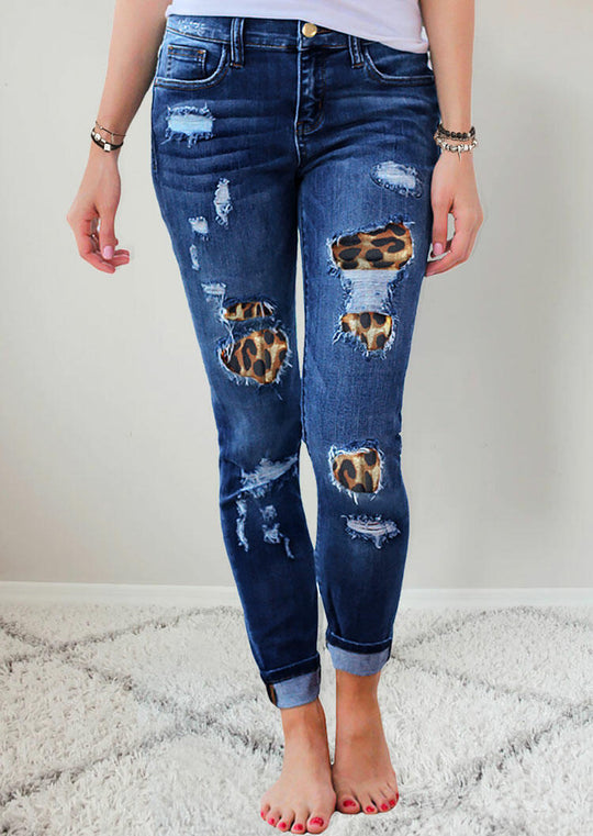 Damen Slim-Fit Jeans mit Leoparden-Detail und Distressed-Optik EB