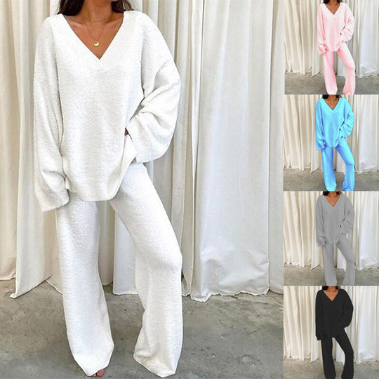 Damen Bequemes Fleece-Loungewear-Set mit V-Ausschnitt EB