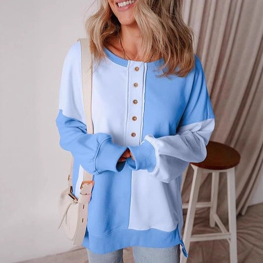 Damen lässiger Kapuzenpullover mit Knopfdetails und Farbblockdesign EB