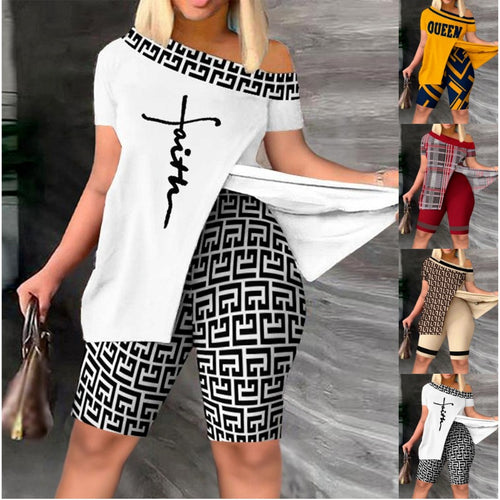 Damen lässiges Set mit asymmetrischem Oberteil und Radlerhose EB